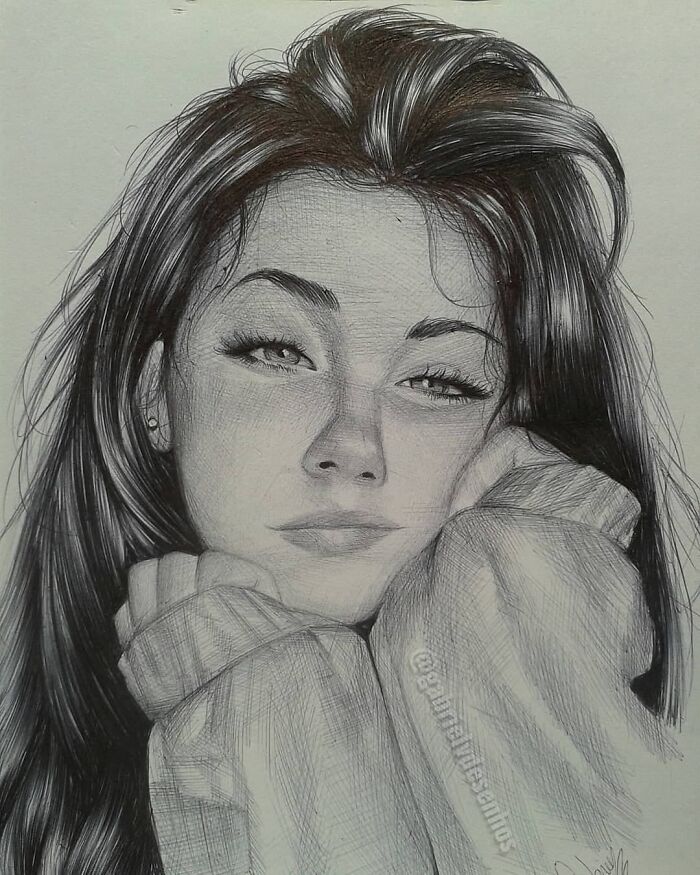 Realistic ballpoint pen portrait of a woman with detailed hair and facial features, showcasing impressive artist ballpoint pen skills.