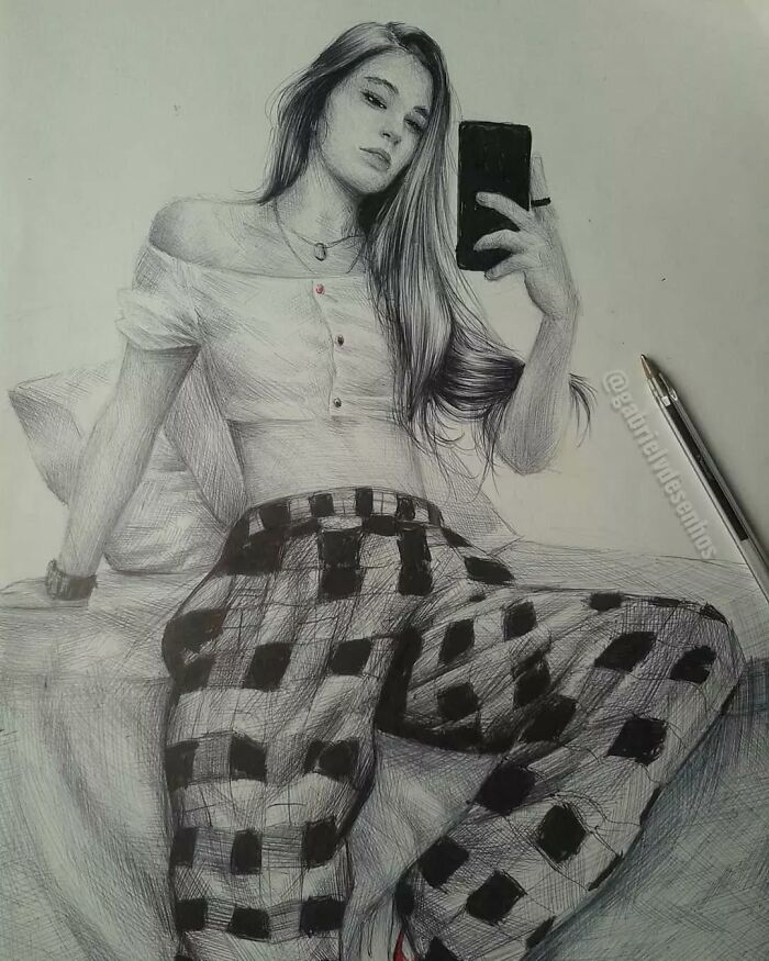 Detailed ballpoint pen portrait of a woman with long hair, wearing a checkered pants and holding a phone for a selfie.