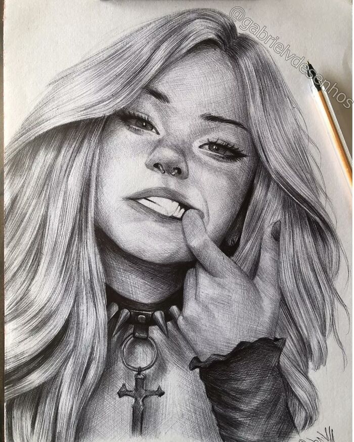 Realistic ballpoint pen portrait of a young woman with long hair and a choker, showcasing detailed shading and textures.