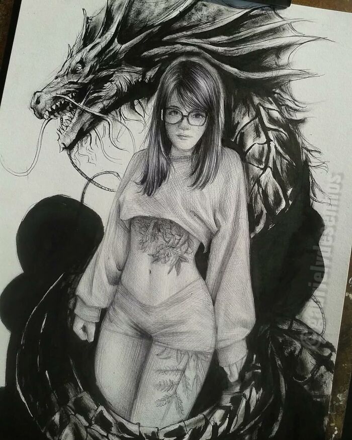 Ballpoint pen portrait of a woman with glasses and tattoos, detailed shading creating a lifelike, photographed look.