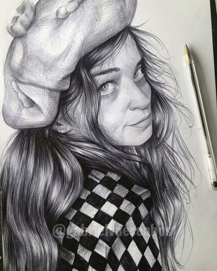 Ballpoint pen portrait of a woman wearing a beret and checkered shirt, showcasing detailed realistic ballpoint pen art.