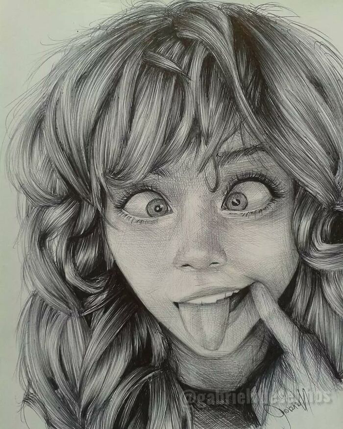 Ballpoint pen portrait of a woman making a funny face, showcasing detailed and realistic pen drawing skills.