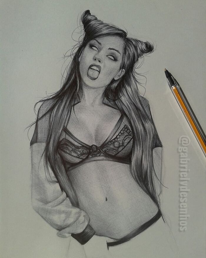 Photorealistic ballpoint pen portrait of a woman with long hair and playful expression, showcasing detailed pen drawing skills.