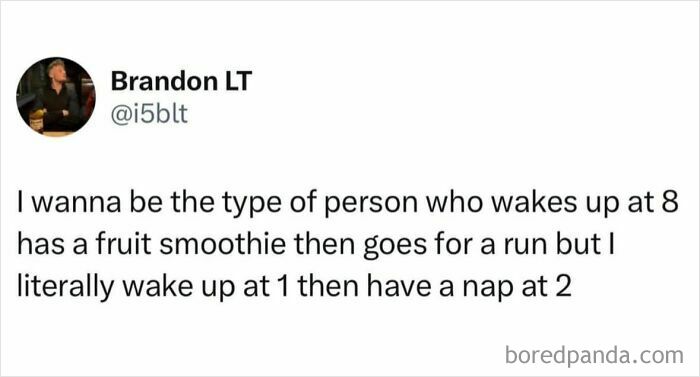 Tweet about waking up late and napping early, illustrating random and viral memes from a chaos-themed page.