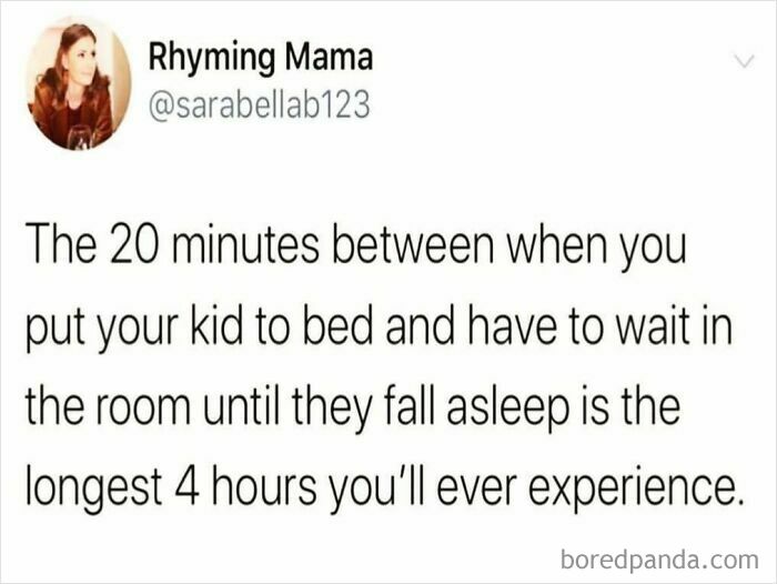 Parenting meme about the long wait after putting a kid to bed, highlighting relatable moments in hilarious parenting humor.
