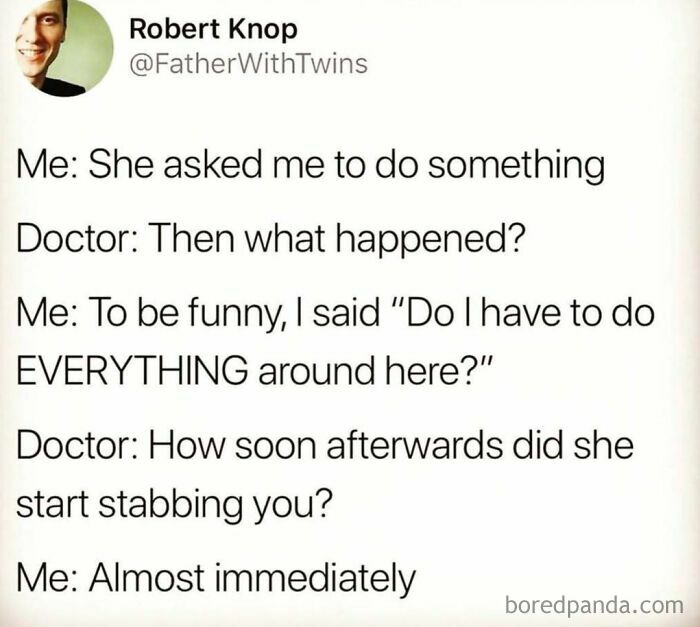 Parenting meme text exchange about doing everything and getting stabbed, highlighting hilarious parenting moments.