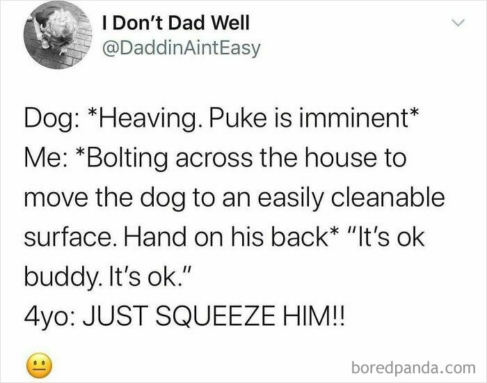 Parenting meme showing a humorous text conversation about a dog about to puke and a child's funny response.