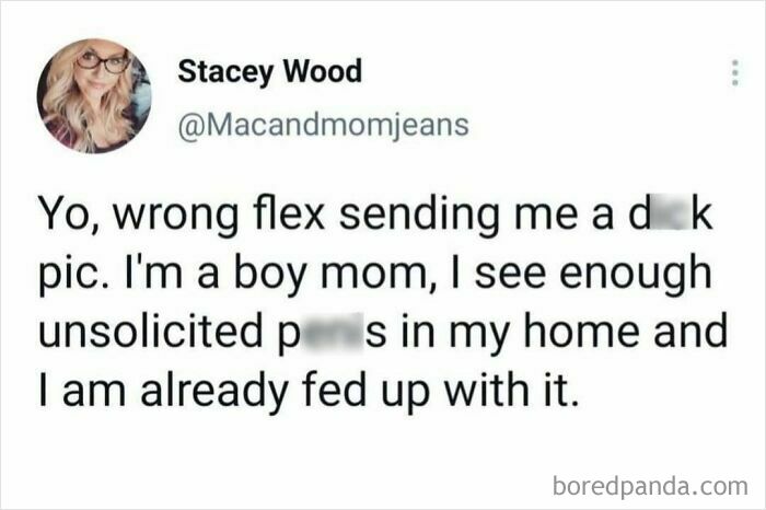 Tweet from a boy mom humorously addressing unsolicited pictures, sharing a relatable hilarious parenting meme for back-to-school season.