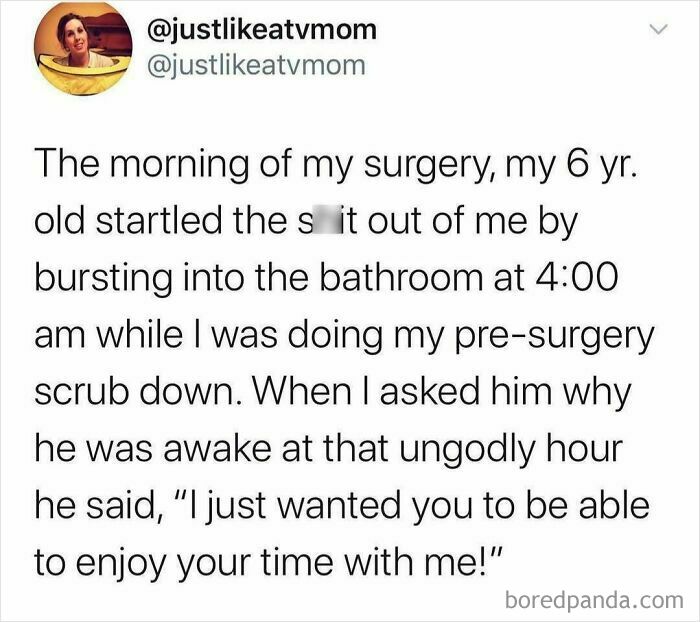 Parenting meme showing a mom startled by her 6-year-old at 4 am before surgery, highlighting funny parenting moments.