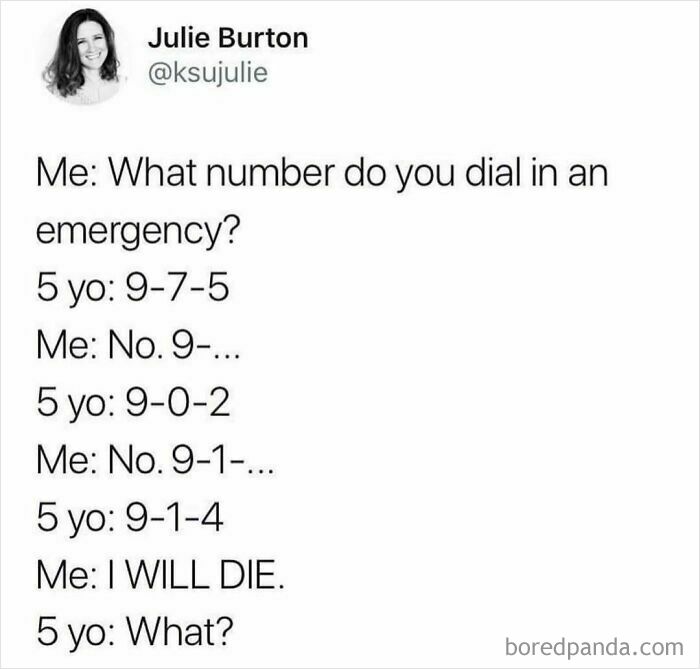 Parenting meme showing a humorous text exchange between a parent and 5-year-old about emergency phone numbers.