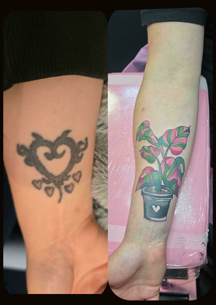 Before and after tattoo cover-up showing upgraded plant design over matching best friend tattoo regrets.