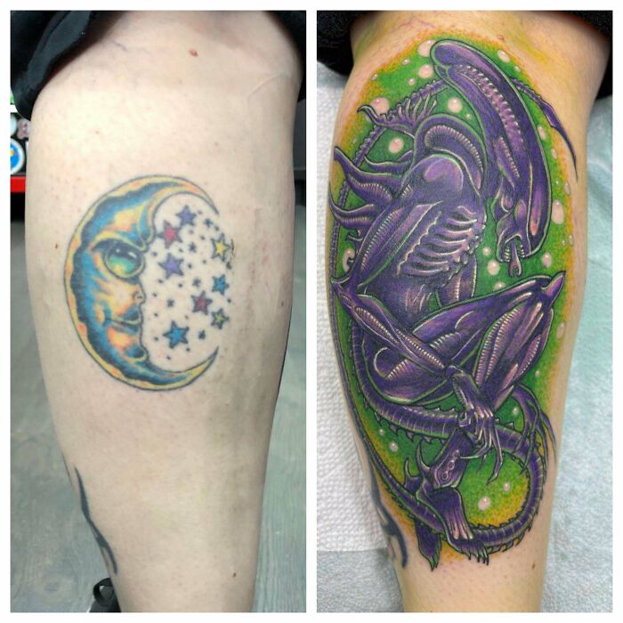 Old moon and stars tattoo on leg transformed into colorful alien tattoo with green background, showcasing tattoo regrets upgrade.