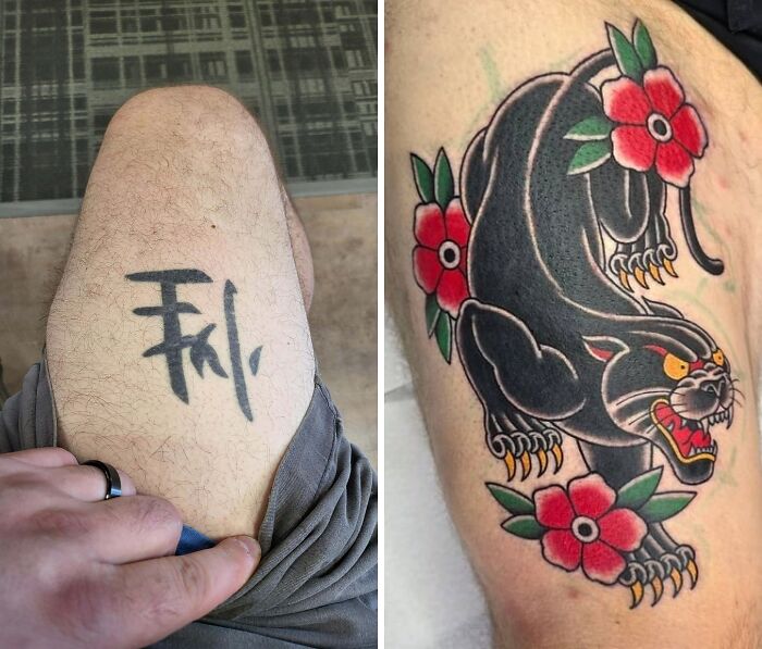 Before and after tattoo transformation showing tattoo regret upgraded with a colorful panther and flowers design on thigh.
