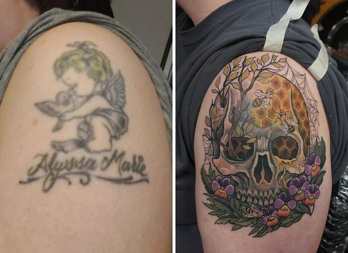 Before and after tattoo cover-up showing a faded angel and name replaced by a colorful skull and floral design, tattoo regrets upgrade.