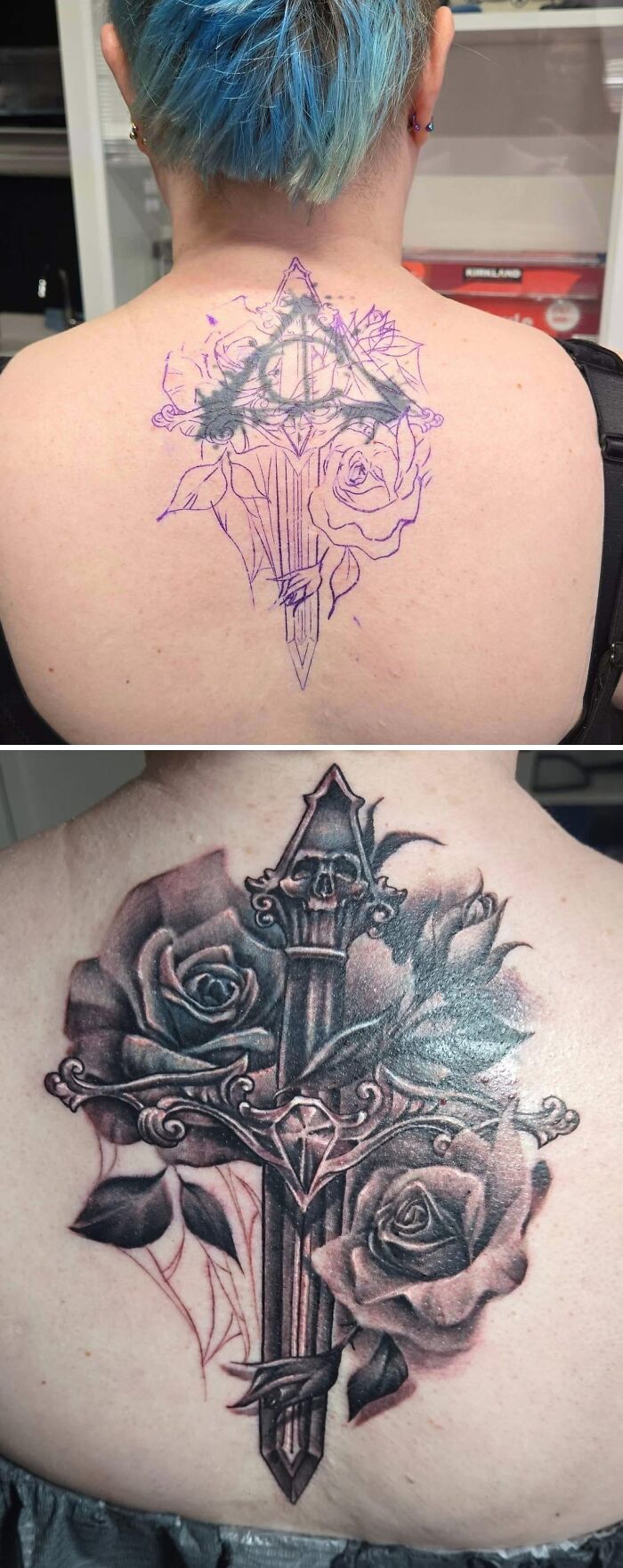 Back tattoo cover-up showing upgraded sword and roses design with shading and intricate details on the skin.