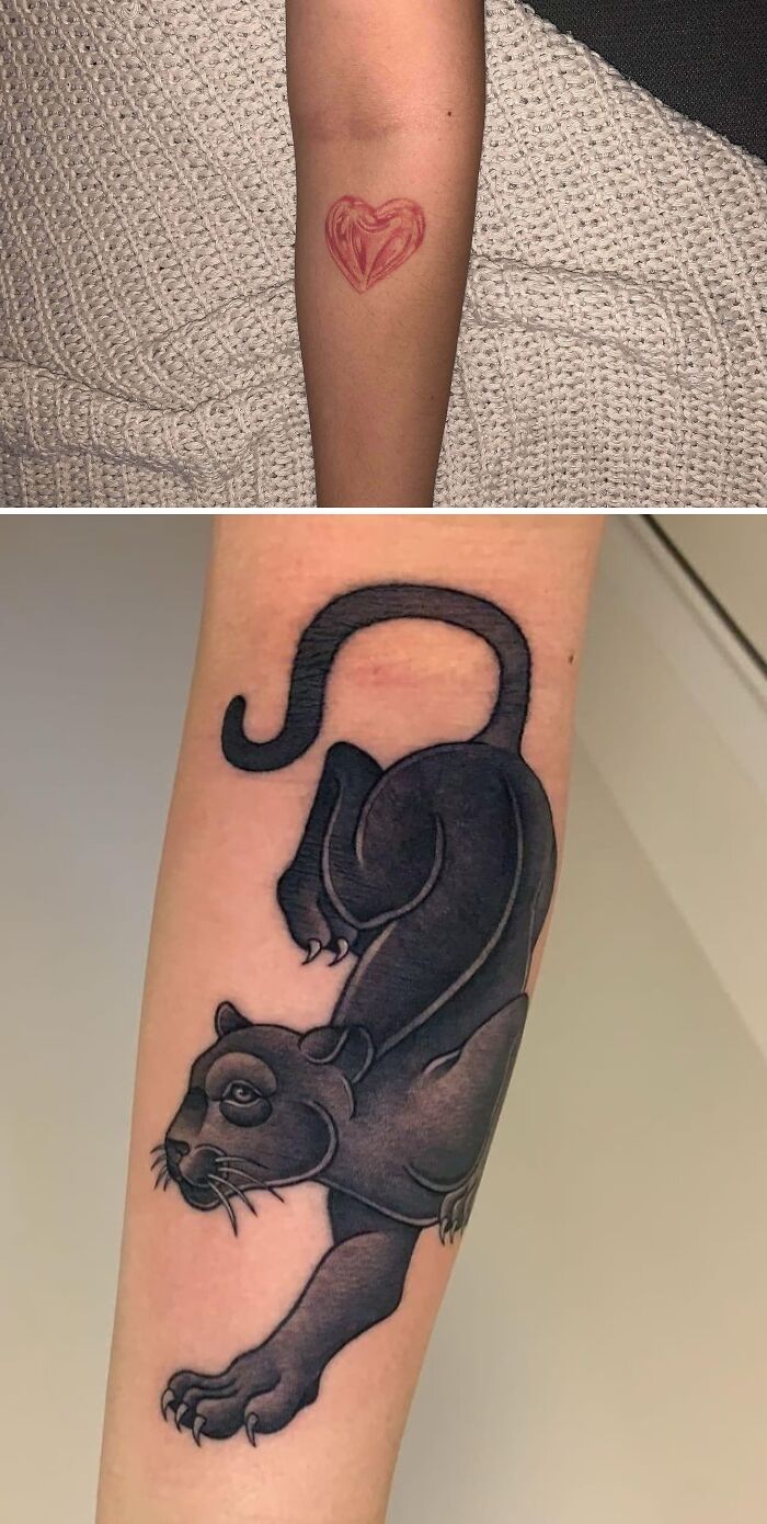Before and after images of a major tattoo upgrade from a simple heart to a detailed black panther design.
