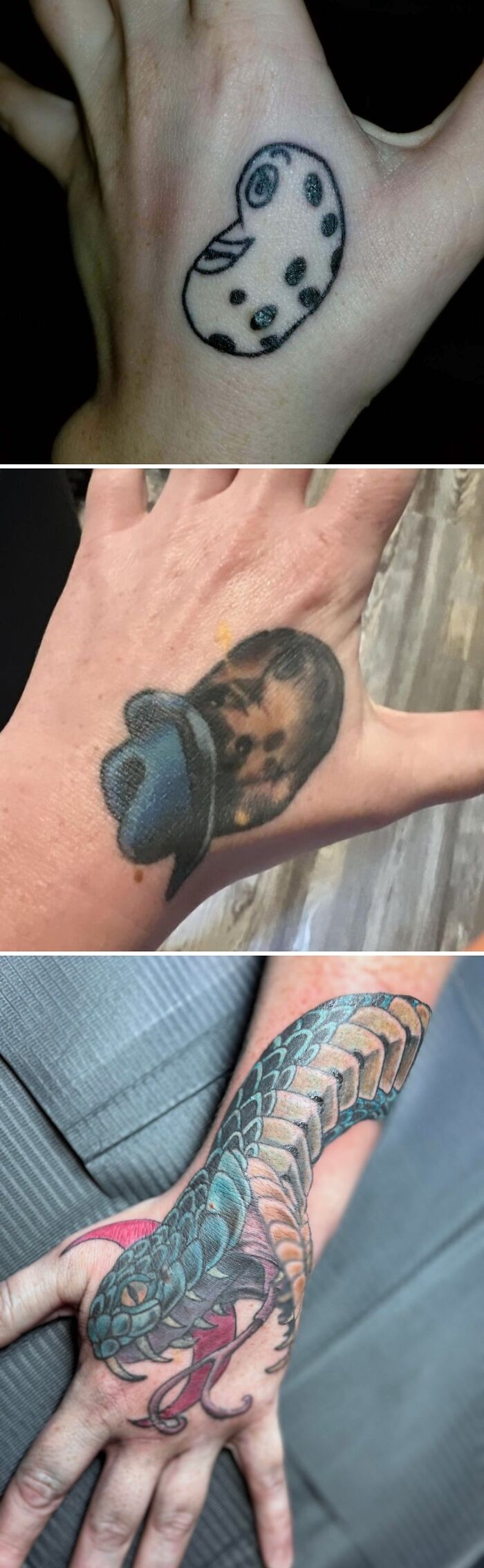 Tattoo regrets transformed into upgraded designs on hands featuring creative and detailed colorful tattoos.