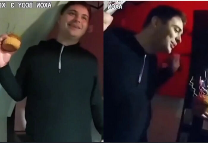 Man in black hoodie smiling and holding a muffin, captured in two casual moments, evoking heartwarming stories.