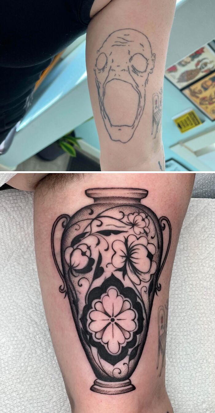 Before and after tattoo upgrade of an arm showing a detailed floral vase replacing an old outline face tattoo.