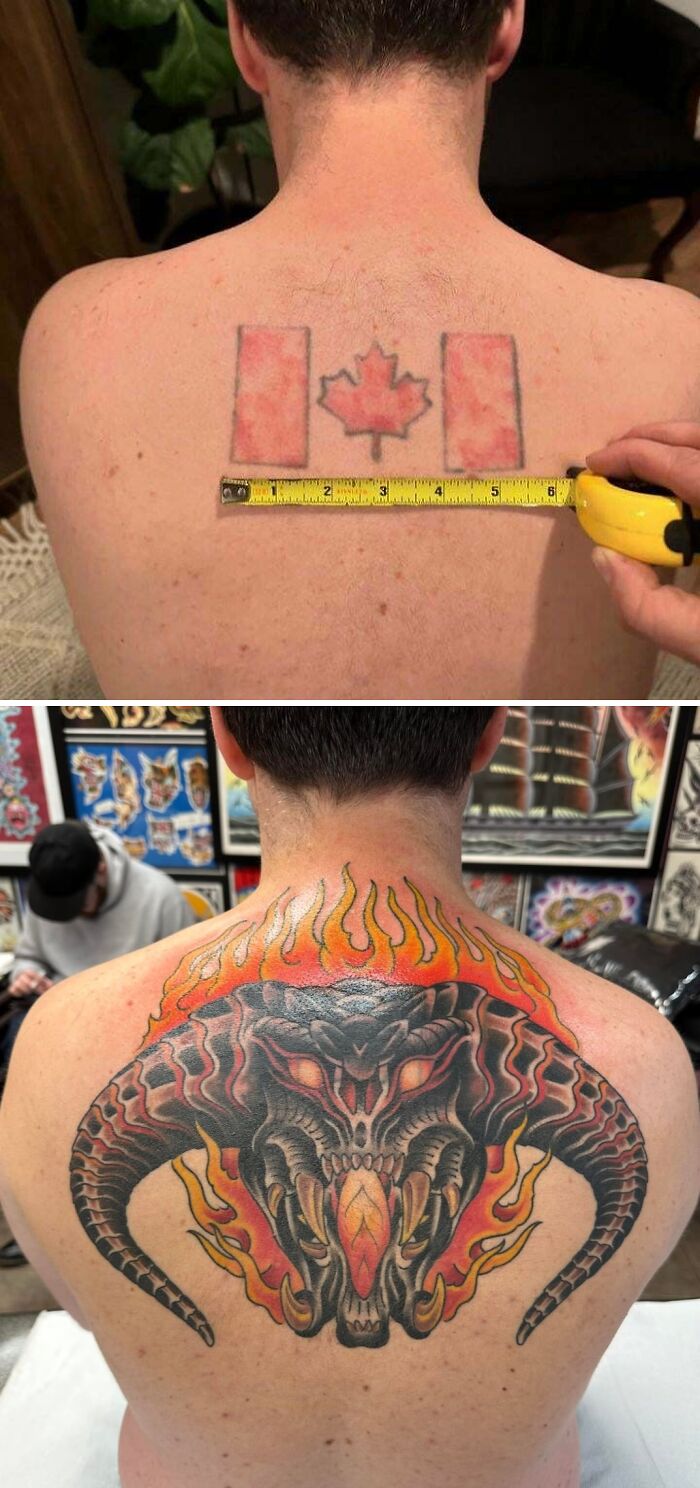 Before and after tattoo cover-up of a faded Canadian flag transforming into a fiery demon design on a man's back.