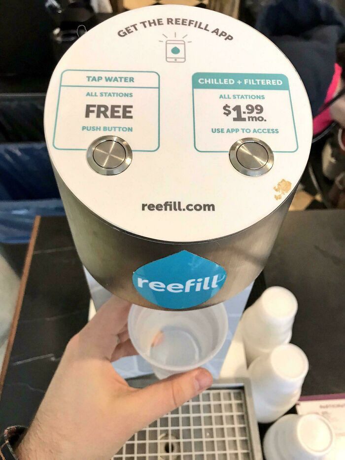Water dispenser with free tap water and $1.99 chilled filtered option, highlighting dystopian real-life scenes in the US.