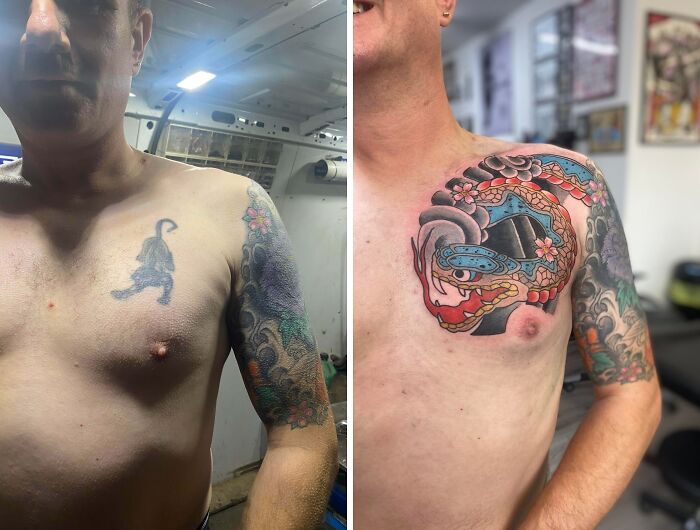 Before and after photos showing a tattoo cover-up transformation with colorful snake and floral designs on the chest.