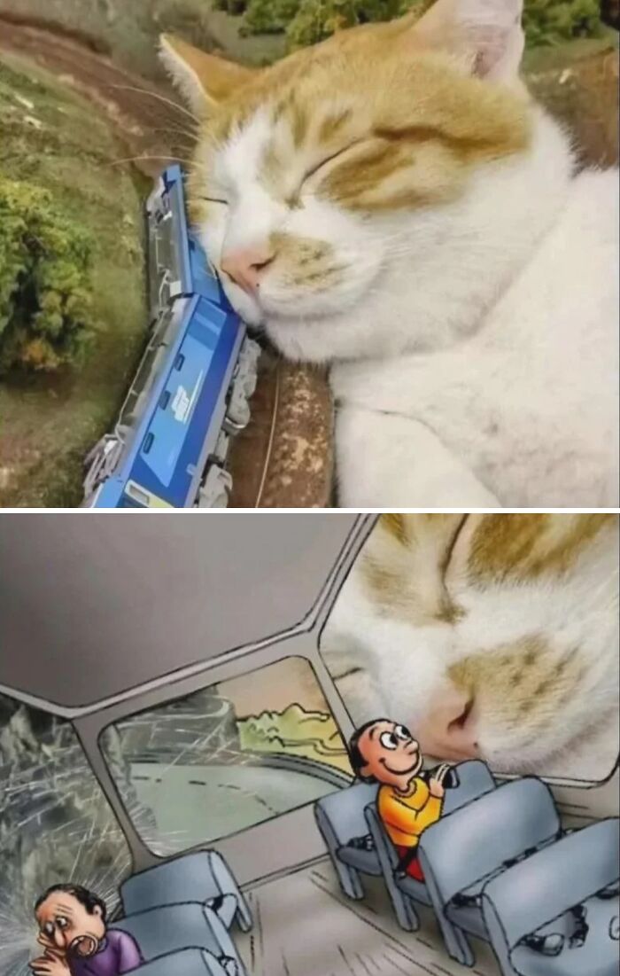 Giant cat sleeping on train tracks with animated passengers inside the train, funny and bizarre holy and cursed image.
