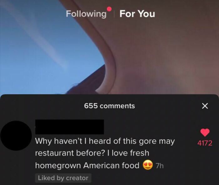 TikTok screenshot showing a comment about discovering a new American restaurant with fresh homegrown food.
