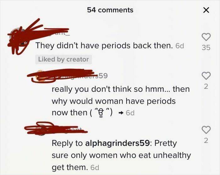 Screenshot of a TikTok comment thread discussing periods, part of 89 screenshots from TikTok that might make you feel smart.