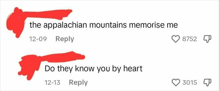 TikTok screenshot showing a witty conversation about the Appalachian Mountains that might make you feel very smart.