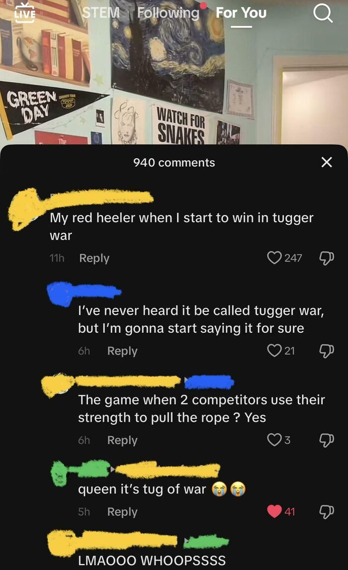 TikTok comments discussing the term tugger war with humorous exchanges in an engaging social media screenshot.