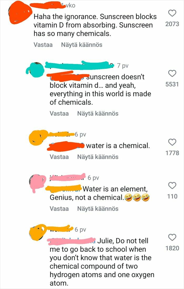 TikTok comments debating if water is a chemical or element, showcasing science misunderstandings in screenshots.
