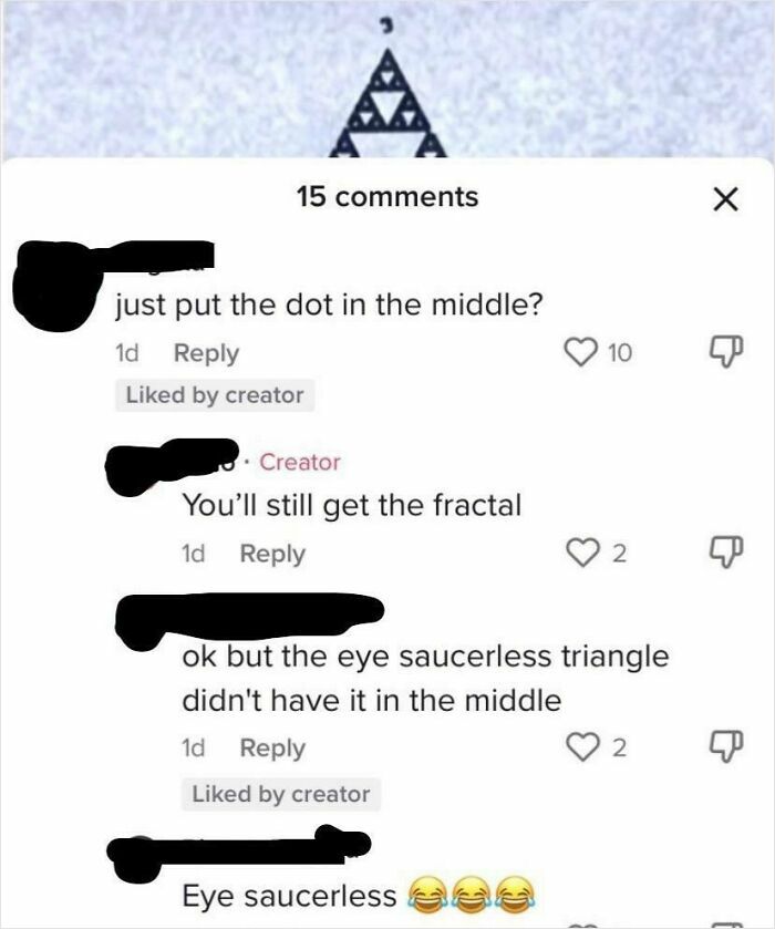 TikTok screenshot showing a conversation about fractals and a triangle, with multiple user comments and creator replies.