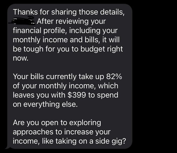 Text message discussing financial profile, high bills consuming 82% of income, and suggestion to explore side gigs.