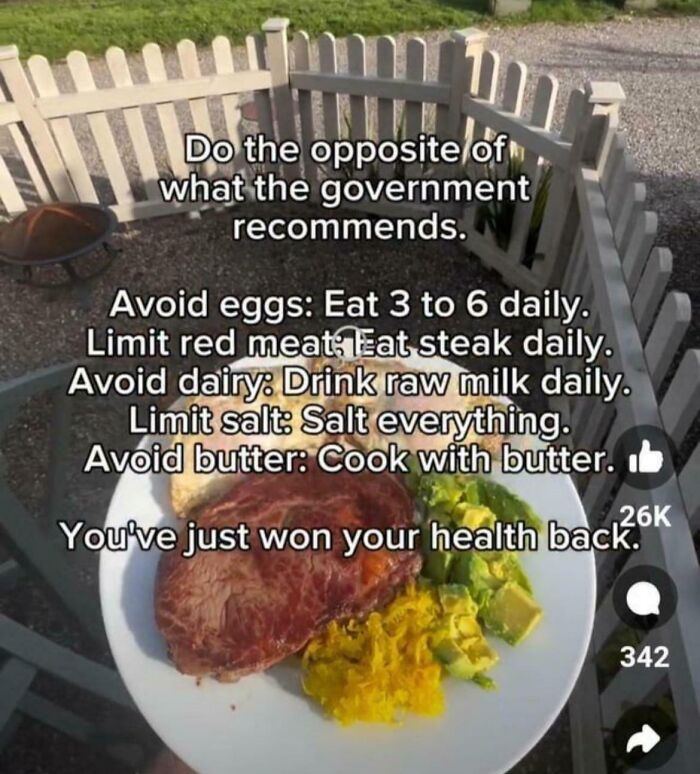 Plate with steak, scrambled eggs, and avocado with text about opposing government advice, featured in smart TikTok screenshots.