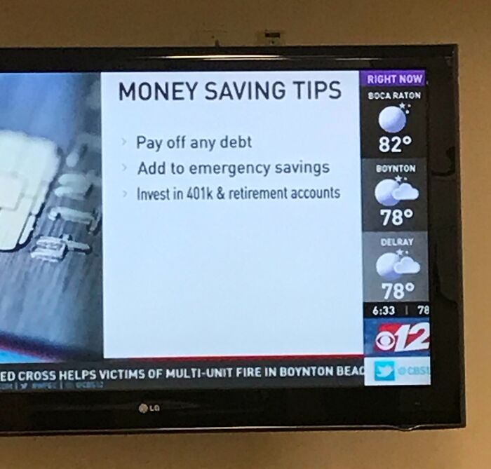 Television screen showing money saving tips and weather update, reflecting real-life scenes from a dystopian nightmare in the US.