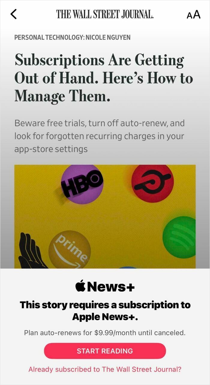 Subscription management advice on a Wall Street Journal article highlighting recurring charges and auto-renew concerns.