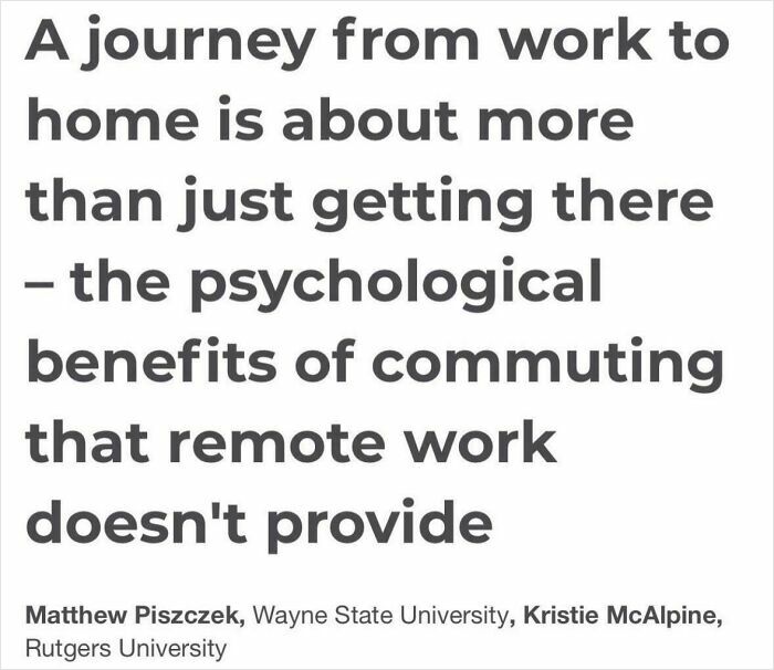 Text about psychological benefits of commuting and remote work in a dystopian nightmare real-life US scene context.
