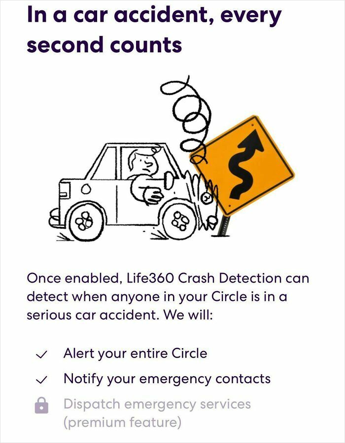 Illustration of a car crashing into a road sign warning about real-life dystopian nightmare scenes in the US.