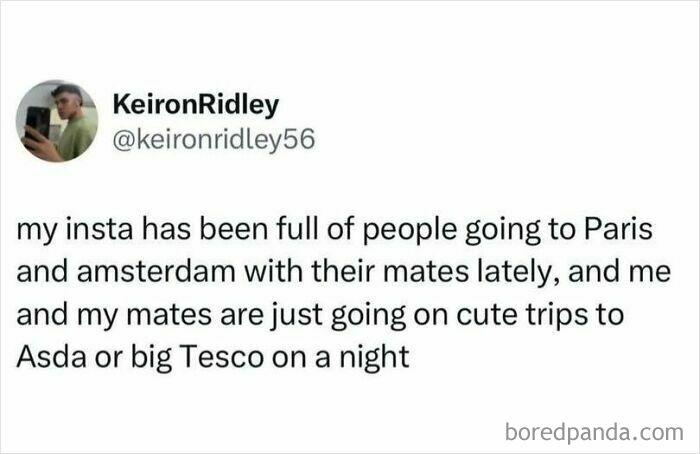 Social media post humor about British jokes and memes on going to local stores instead of abroad trips.