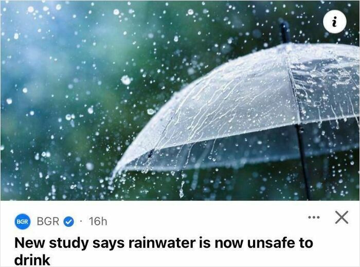 Rain falling on a clear umbrella with text about rainwater becoming unsafe to drink in dystopian US scenes.