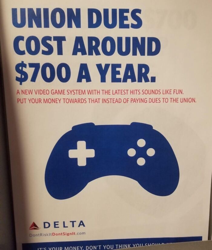 Union dues cost warning poster showing $700 yearly expense with a video game controller illustration in a US dystopian scene.