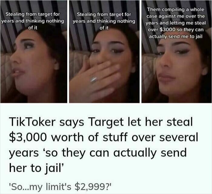 TikTok screenshots showing a user’s story about stealing $3,000 from Target and legal consequences discussed.