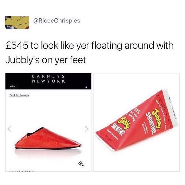 Humorous British meme comparing expensive designer shoes to Jubbly ice lolly feet with rent prices humor.