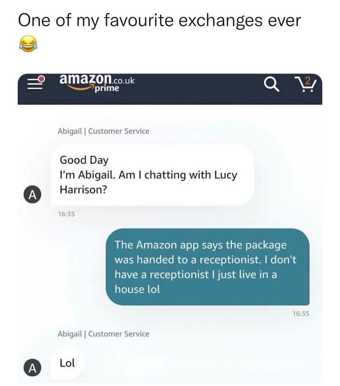 Funny British joke meme showing a humorous Amazon customer service chat about a package and a receptionist.