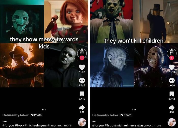 Four screenshots from TikTok showing horror movie villains with captions, part of 89 screenshots from TikTok to feel smart.