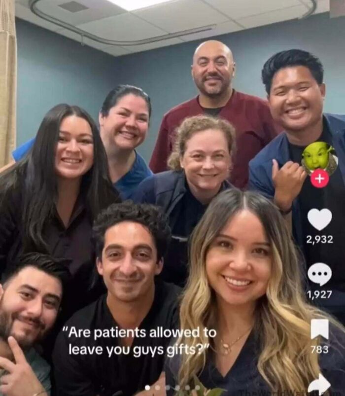 Group of smiling healthcare workers in a TikTok screenshot with a caption about patients leaving gifts, showing smart TikTok moments.