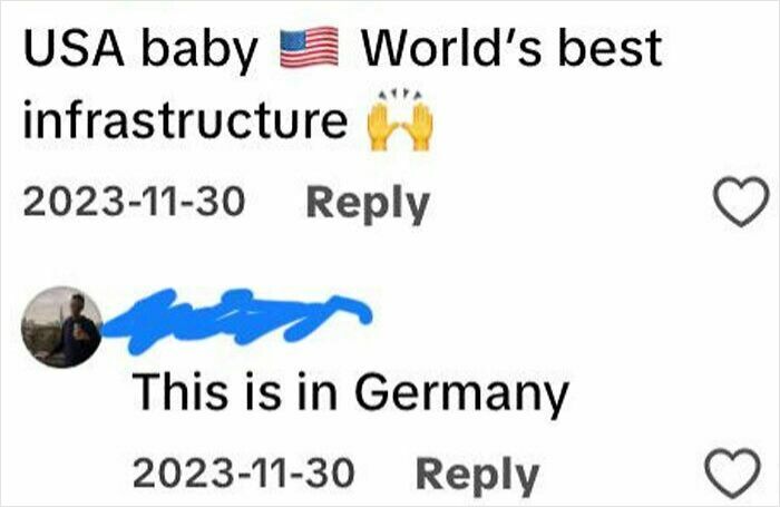 Screenshot of TikTok comments discussing USA infrastructure and correcting the location as Germany, part of smart TikTok screenshots.