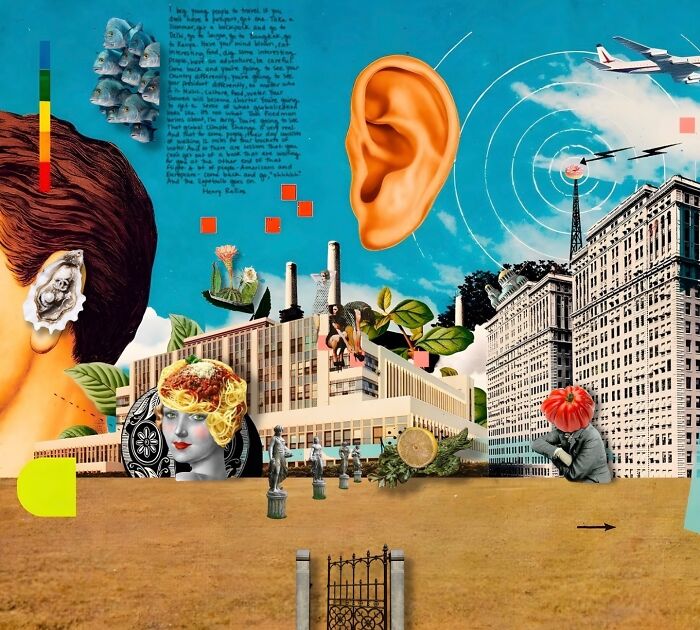 Surreal digital collage featuring oversized ear, floating heads, buildings, and plants blending real and unreal elements.