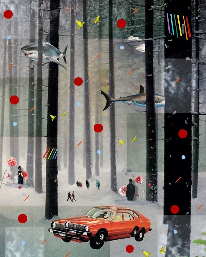 Surreal digital collage showing sharks, floating car, and figures in a forest, blending real and unreal elements artfully.